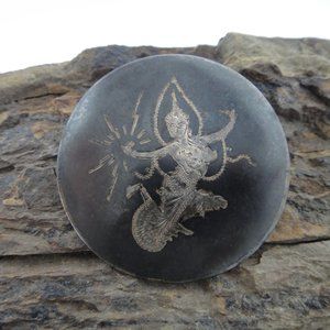 Vintage Sterling Silver Siam Niello Brooch Pin / Pendant Round 1.75" 11.7g